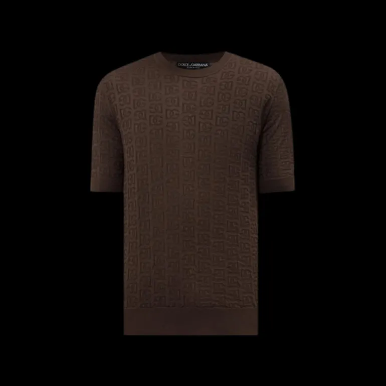 Pull col rond DOLCE & GABBANA en jacquard de soie marron avec logo DG