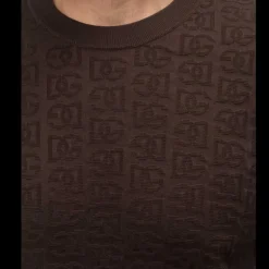Pull col rond DOLCE & GABBANA en jacquard de soie marron avec logo DG