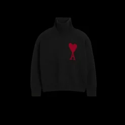 Pull col roulé AMI laine mérinos feutrée bleu marine gros cœur rouge