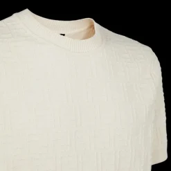 Pull FENDI col rond manche courte coton beige point Selleria FF relief