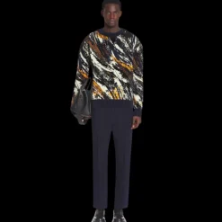 Pull LANVIN col rond maille jacquard viscose tricoté bleu marine motif fourrure