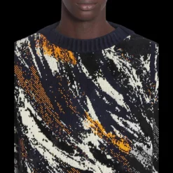 Pull LANVIN col rond maille jacquard viscose tricoté bleu marine motif fourrure