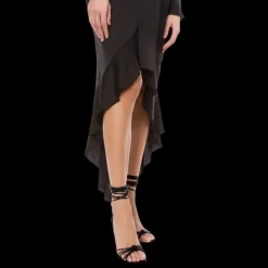 Robe asymétrique PHILOSOPHY DI LORENZO SERAFINI satin noir col V volants