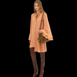 Robe chemise CHLOE courte fluide soie beige manche volants