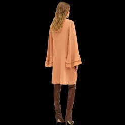 Robe chemise CHLOE courte fluide soie beige manche volants