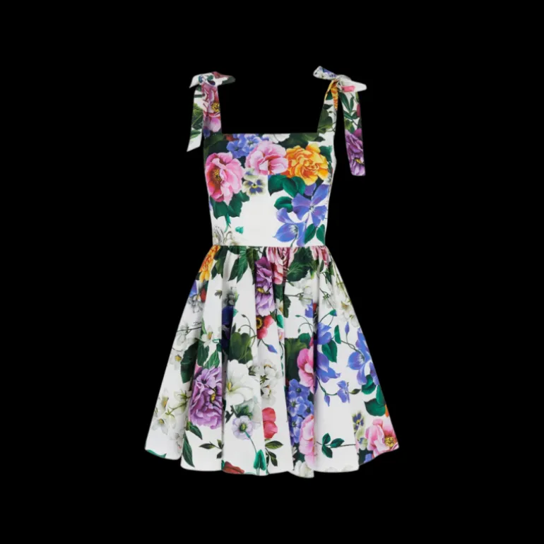 Robe courte à bretelles nœud DOLCE & GABBANA coton blanc imprimé fleurs