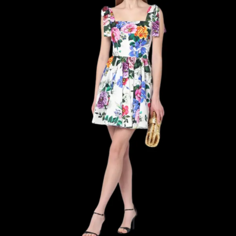 Robe courte à bretelles nœud DOLCE & GABBANA coton blanc imprimé fleurs