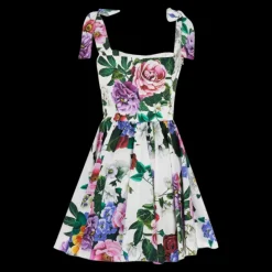 Robe courte à bretelles nœud DOLCE & GABBANA coton blanc imprimé fleurs