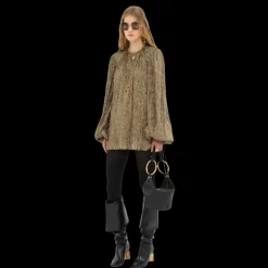 Robe courte CHLOE col rond fluide froncée crépon soie lamé doré