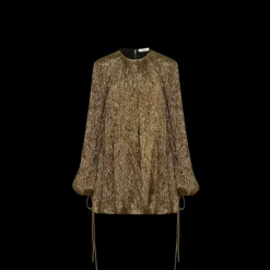 Robe courte CHLOE col rond fluide froncée crépon soie lamé doré