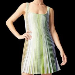 Robe courte MISSONI sans manche col carré rayure vert bleu paillettes