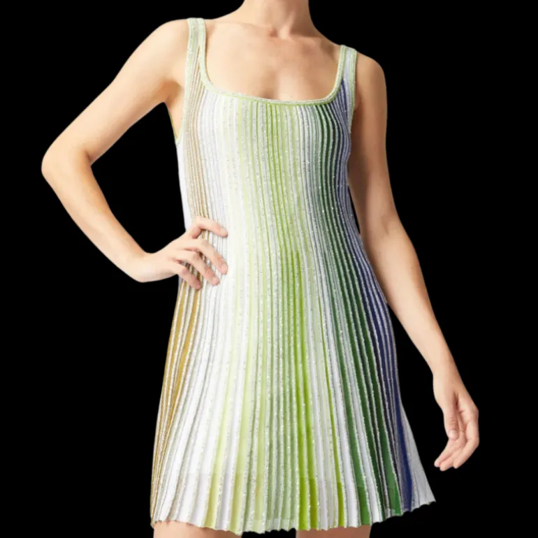 Robe courte MISSONI sans manche col carré rayure vert bleu paillettes