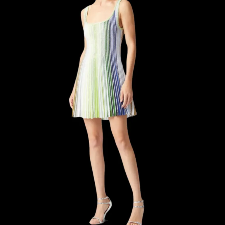Robe courte MISSONI sans manche col carré rayure vert bleu paillettes