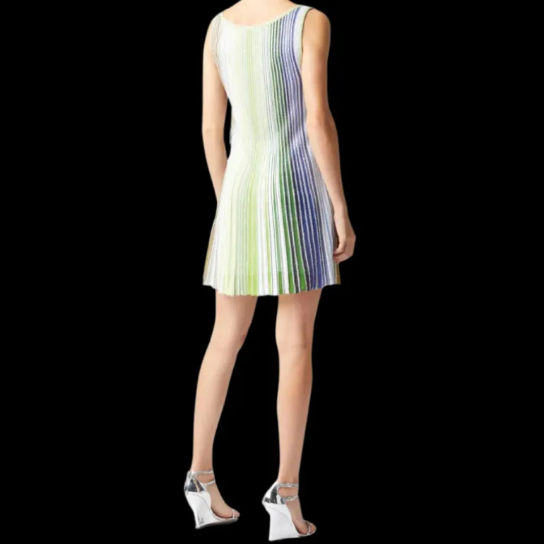 Robe courte MISSONI sans manche col carré rayure vert bleu paillettes