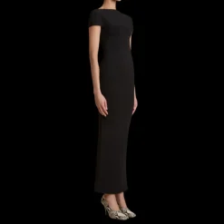 Robe longue KHAITE Basile fendue viscose noir col bateau incurvé