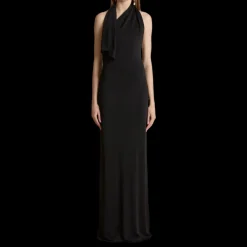 Robe longue KHAITE Roza viscose noir col foulard asymétrique