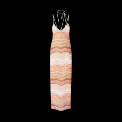 Robe longue MISSONI lamé chevrons sequins et dentelle orange