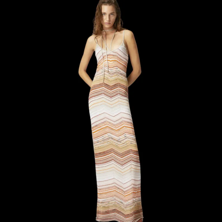 Robe longue MISSONI lamé chevrons sequins et dentelle orange