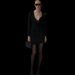 Robe MAGDA BUTRYM mini sculpturale col v manches longues laine noir