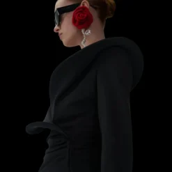 Robe MAGDA BUTRYM mini sculpturale col v manches longues laine noir