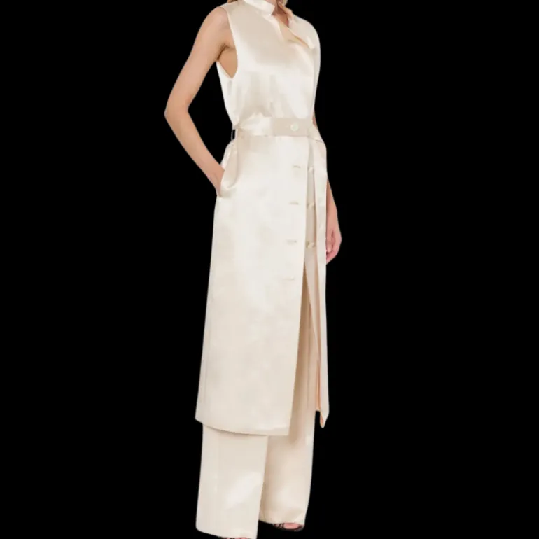 Robe manteau PHILOSOPHY DI LORENZO SERAFINI sans manche satin écru ceinture