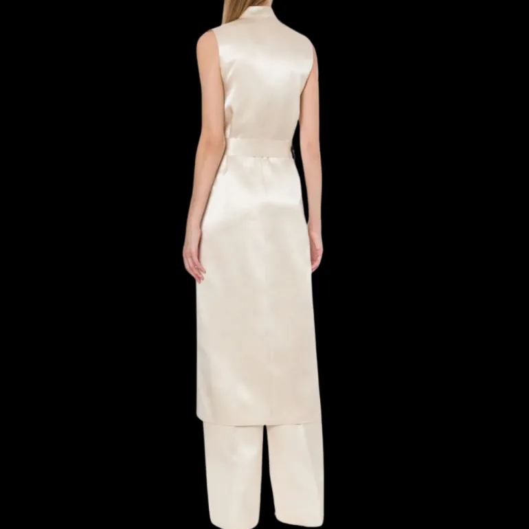 Robe manteau PHILOSOPHY DI LORENZO SERAFINI sans manche satin écru ceinture