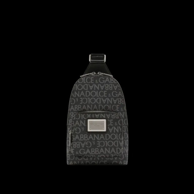 Sac à dos bandoulière DOLCE & GABBANA noir jacquard enduit logo gris