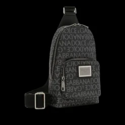 Sac à dos bandoulière DOLCE & GABBANA noir jacquard enduit logo gris