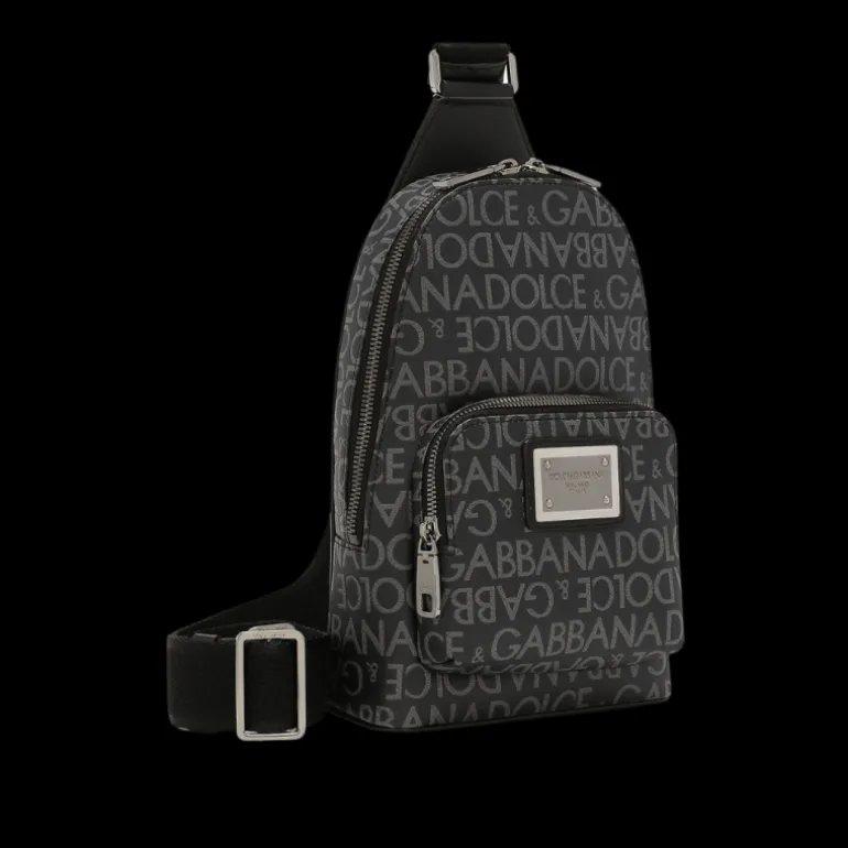 Sac à dos bandoulière DOLCE & GABBANA noir jacquard enduit logo gris