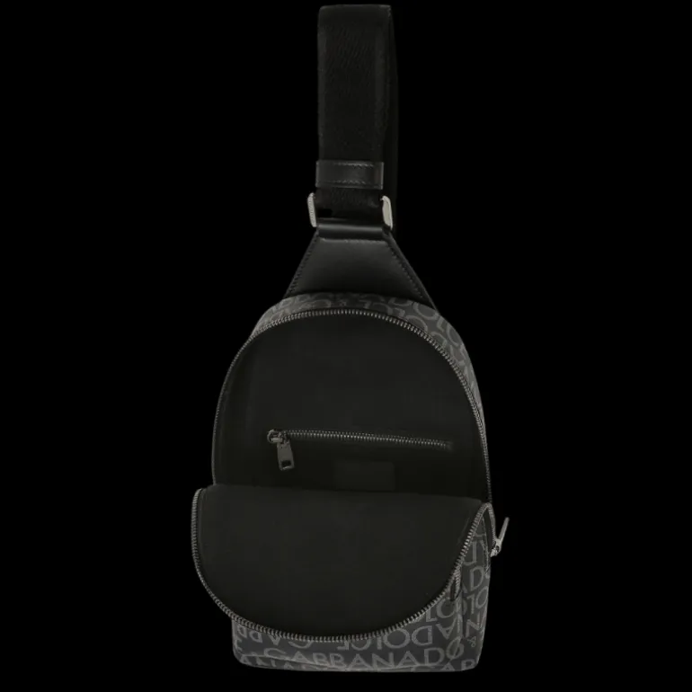 Sac à dos bandoulière DOLCE & GABBANA noir jacquard enduit logo gris