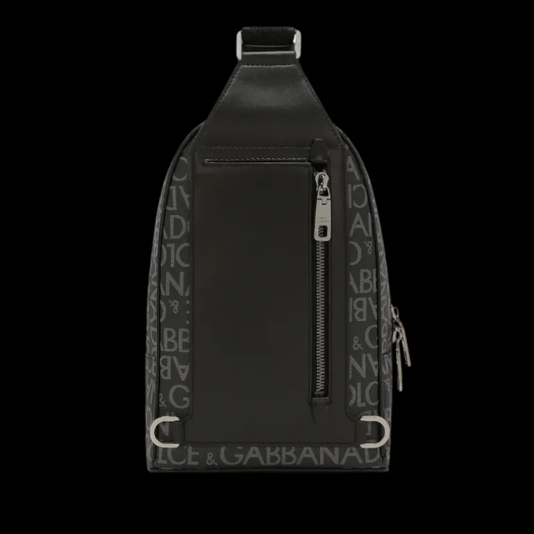 Sac à dos bandoulière DOLCE & GABBANA noir jacquard enduit logo gris