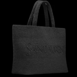 Sac Cabas SAINT LAURENT panier raphia noir broderie signature