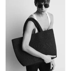 Sac Cabas SAINT LAURENT panier raphia noir broderie signature