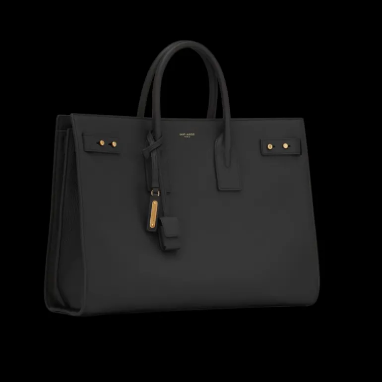 Sac de jour SAINT LAURENT Thin Cabas cuir veau grainé noir détail doré