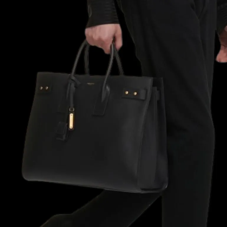 Sac de jour SAINT LAURENT Thin Cabas cuir veau grainé noir détail doré