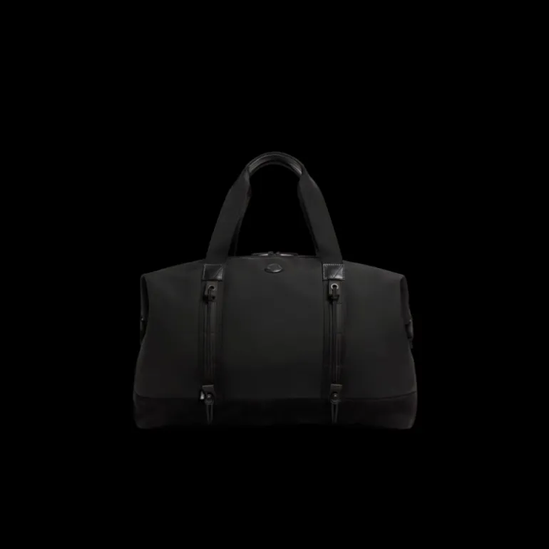 Sac de sport MONCLER Tech imperméable nylon noir bordure cuir logo métal noir