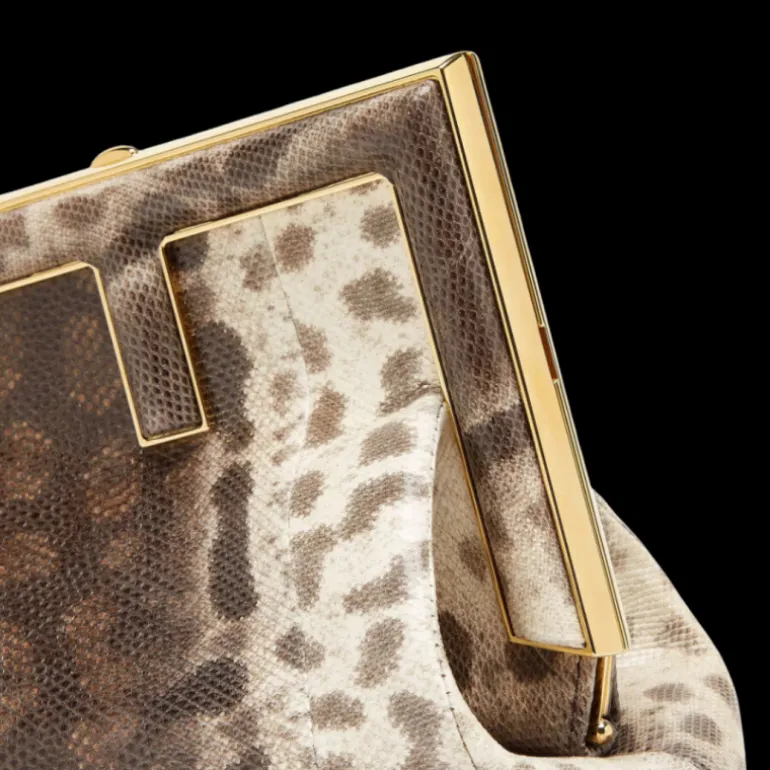 Sac pochette FENDI First petit format cuir karung naturel beige écru