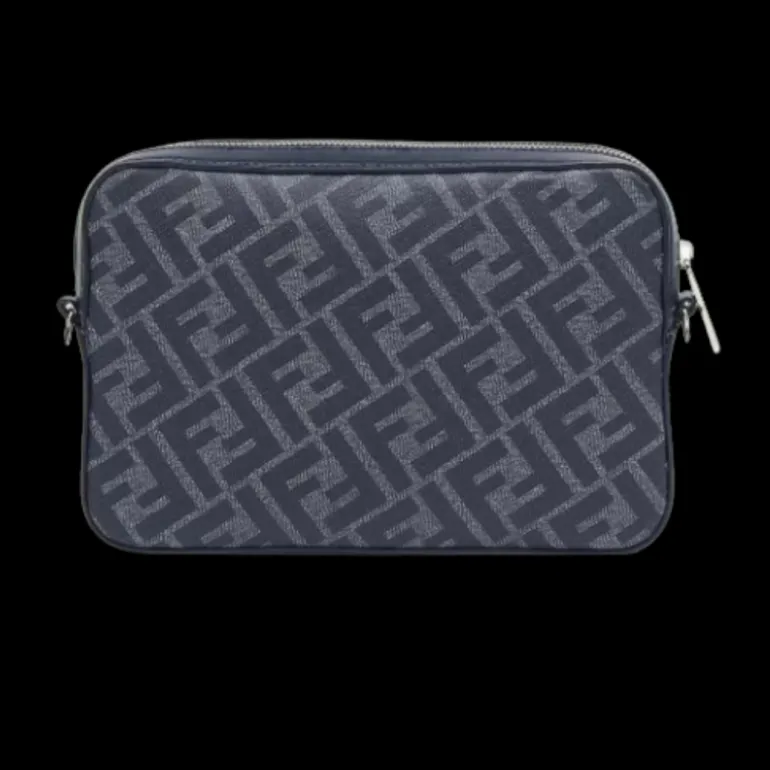 Sac porté épaule FENDI compact toile FF bleu jean denim cuir bleu marine