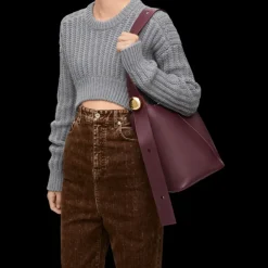 Sac porté épaule Seau LOEWE Pebble Cuir veau bordeaux bouton Or