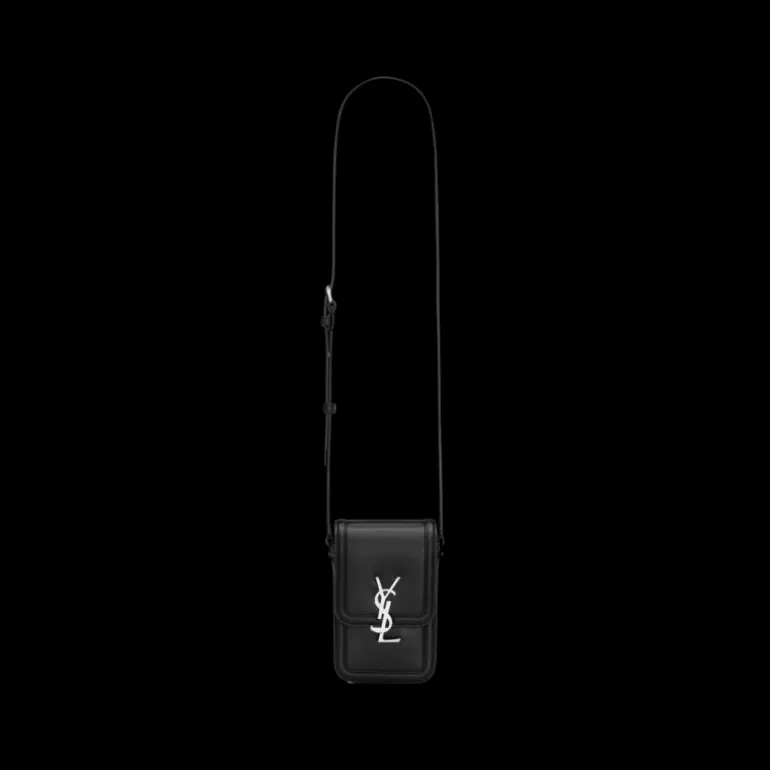 SAINT LAURENT Mini sac smartphone Solferino rabat avant cuir glacé noir fermoir YSL argenté