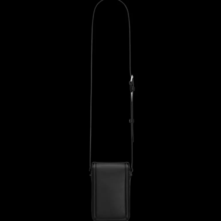 SAINT LAURENT Mini sac smartphone Solferino rabat avant cuir glacé noir fermoir YSL argenté