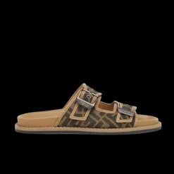 Sandales à brides FENDI boucle cuir camel tissu jacquard FF marron