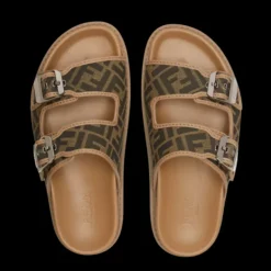 Sandales à brides FENDI boucle cuir camel tissu jacquard FF marron