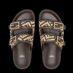 Sandales plates FENDI Feel double bride boucles FF Baguette marron beige