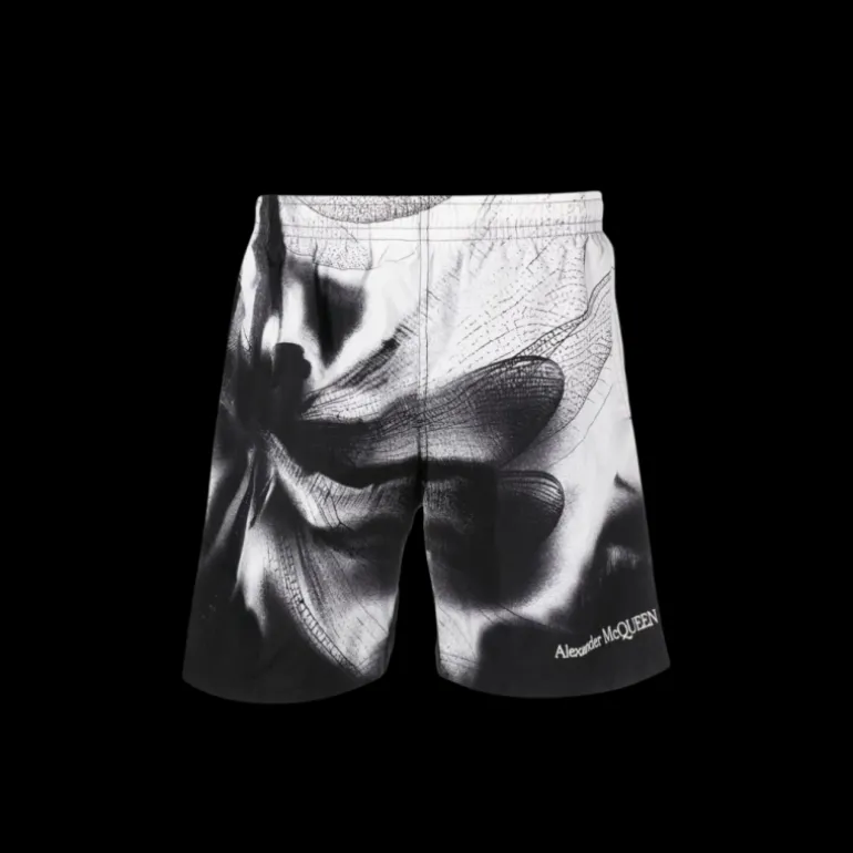 short de bain ALEXANDER MCQUEEN blanc imprimé Dragonfly libellule noire