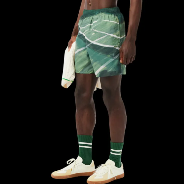 Short de bain LACOSTE nylon séchage rapide imprimé vert Tennis