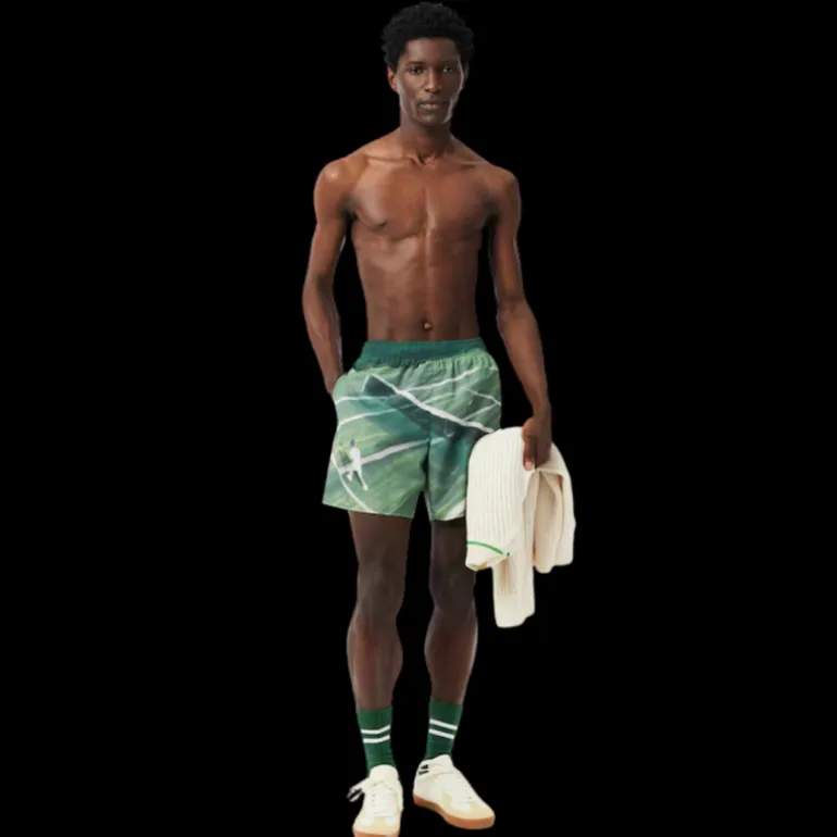 Short de bain LACOSTE nylon séchage rapide imprimé vert Tennis