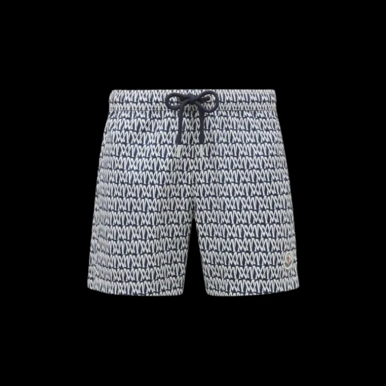 short de bain MONCLER bleu marine imprimé monogramme blanc all-over