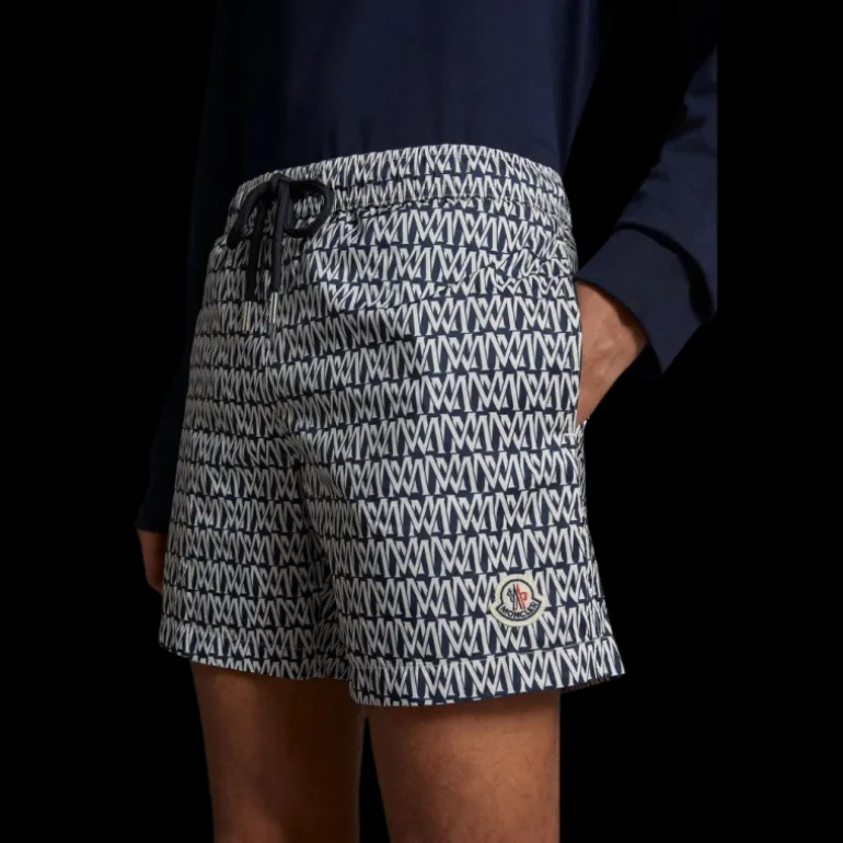 short de bain MONCLER bleu marine imprimé monogramme blanc all-over