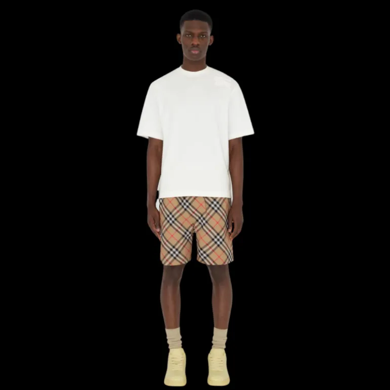 Short tissu sergé tissé Check beige poche cavalier